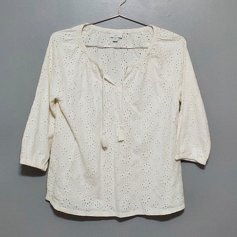 J. Jill Ivory Eyelet Blouse 3/4 Sleeve Size Medium Petite